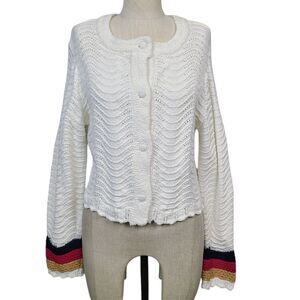 House Of Harlow 1960 Cardigan L Cream Knit Button Front Striped Sleeve‎ Sweater